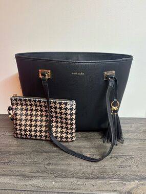Anne Klein Black Tote with Houndstooth Wristlet and Tassel